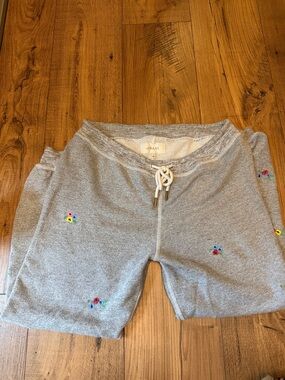 THE GREAT. Light Gray Floral Embroidered Track Joggers
